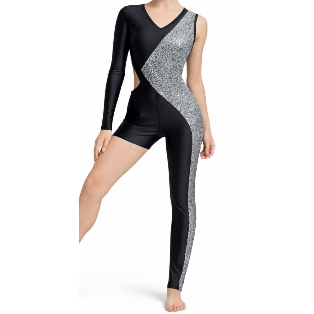 Curtain Call Black Widow Dance Costume One Leg Leotard Child XL NWT Sequin J5248